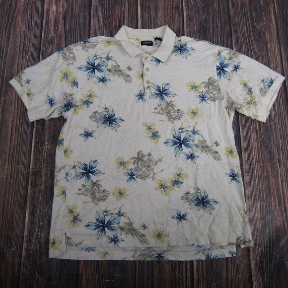 Arrow Other - Arrow Polo Shirt Mens XL White Floral Hawaiian Print Short Sleeve Golf Tropical